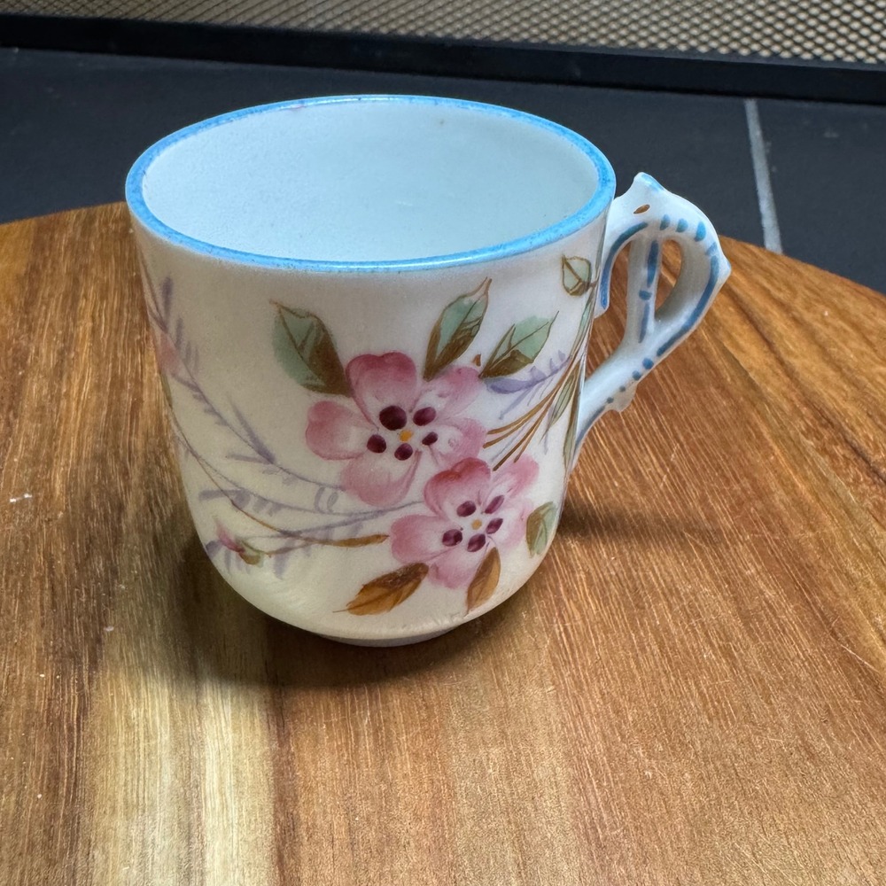 Vintage Hand Painted Floral Ceramic Teacup Pink Blue Rim Unique Handle Art Mark
